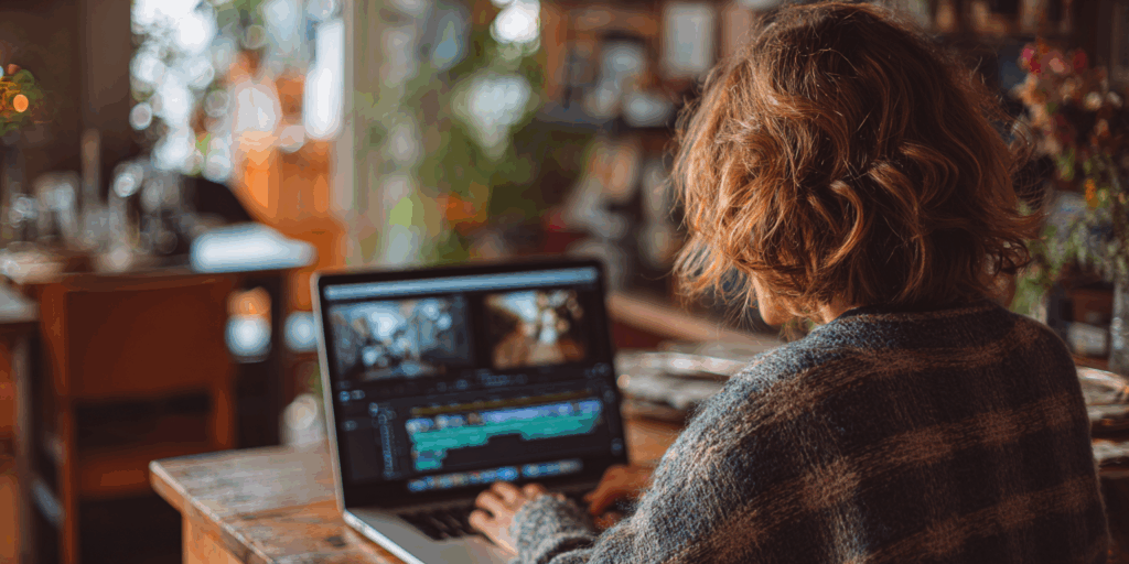 Small business owner editing video on laptop