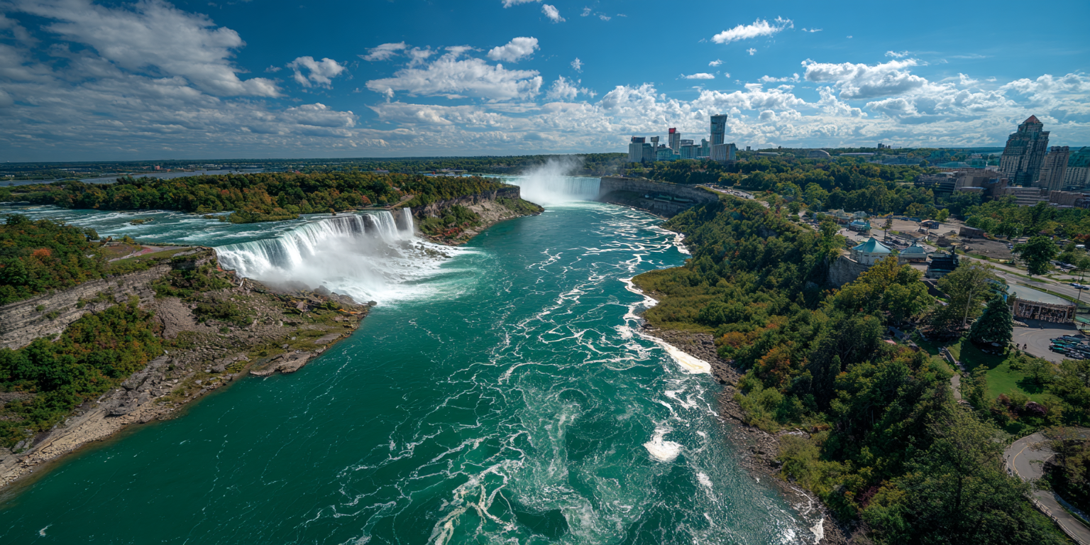 Wide-angle shot of Niagara Falls with a video editing overlay or AI graphics